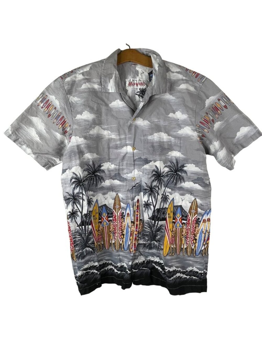 Hawaiian Made Shirt Size Medium Surfboard Button Front Hawaiian Surf Gray Cotton